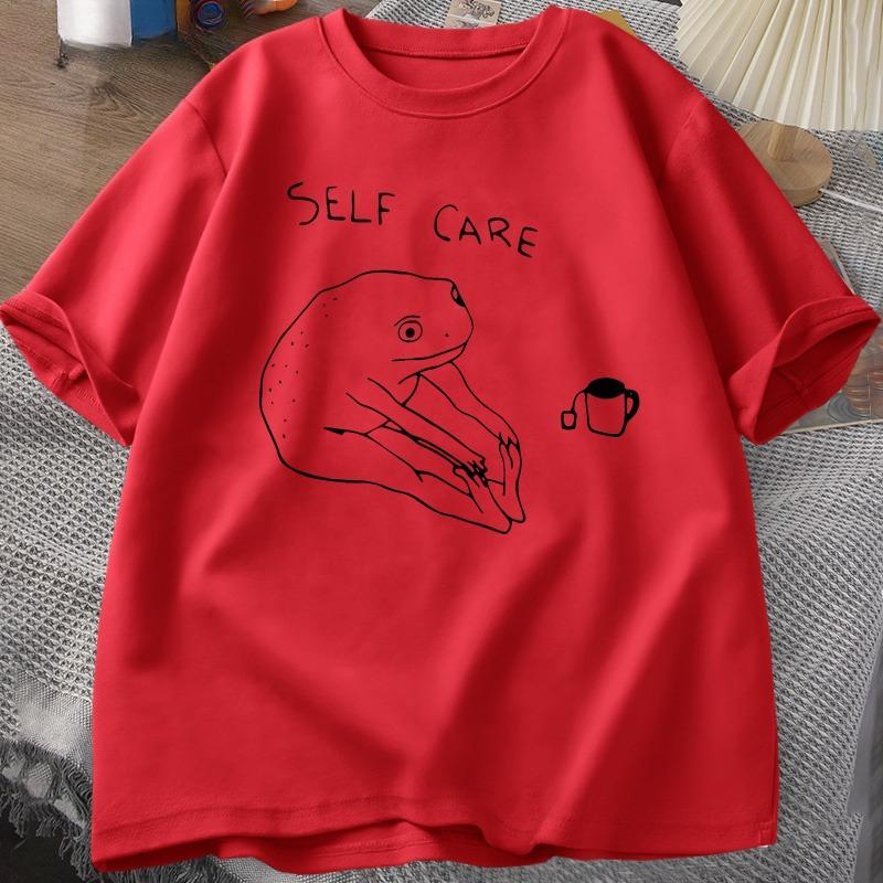 Summer Fun Frog Self Care Printed Round Neck T-shirt for Men Cotton Loose Holiday Short Sleeves Street Size Large