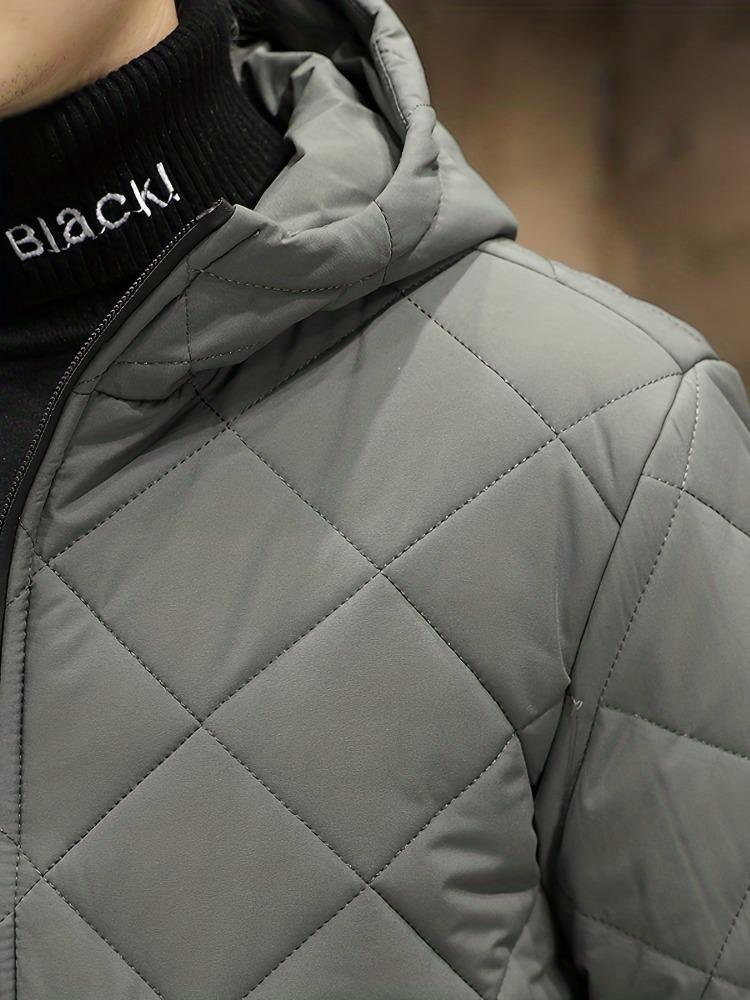 Men's Warm Quilted Hooded Jacket, Plush Winter Zip-Up Outerwear for Fall/Winter Outdoor Activities