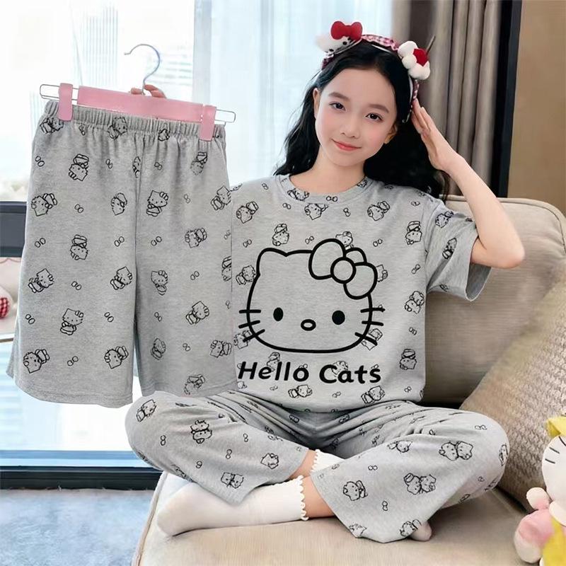 Girls' Summer Cartoon Print Pajama Set - 3 Piece Short Sleeve & Long Pants for Older Kids