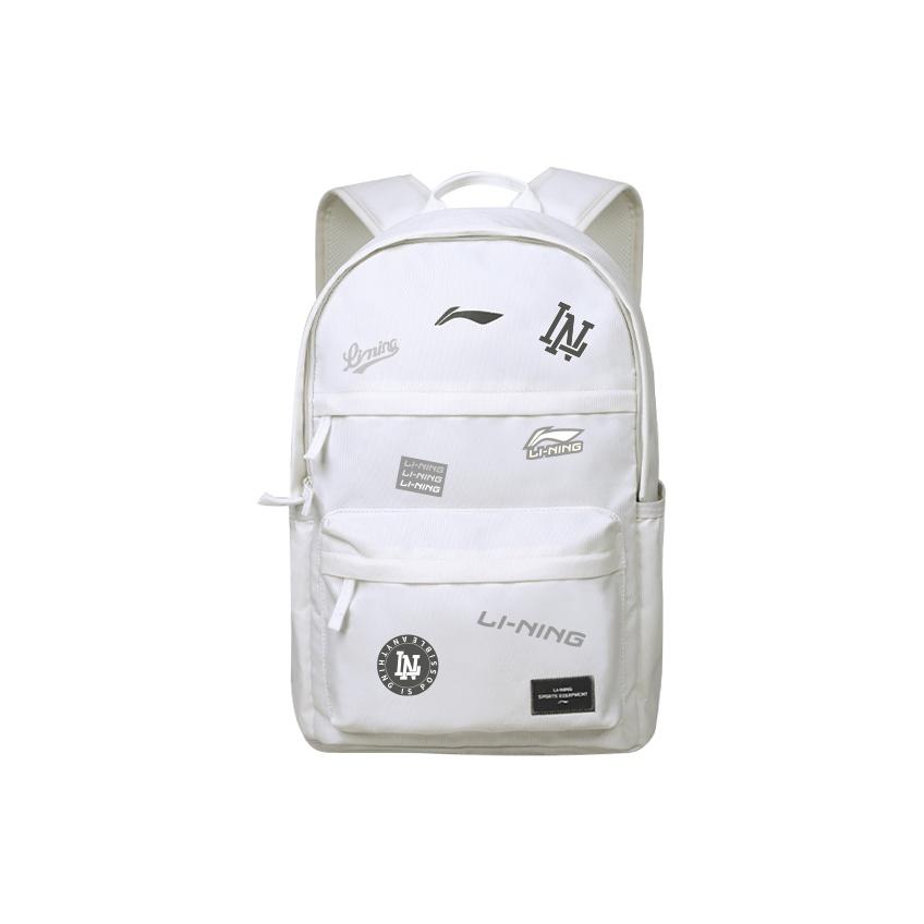 Li-Ning Large Capacity Multi-Compartment Simple Fashion Polyester Backpack Unisex Backpack White YBSV039-2A1 Black (Multiple White Logos 350)