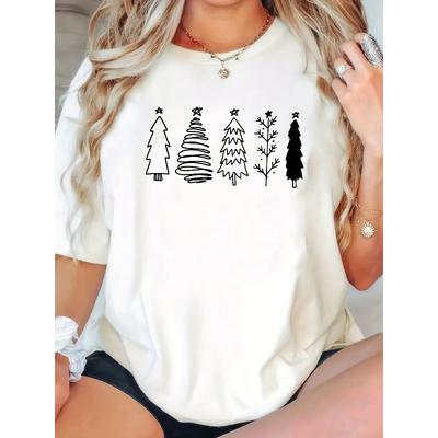 Europäische Größen Fünf Weihnachtsbaum Cartoon Einfach Zuhause, Freizeit, Mode, Vielseitig, Pendeln, Sport, Universelles Bequemes T-Shirt