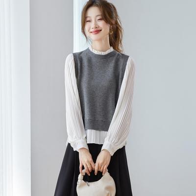 2025 Autumn Korean-Style Color Block Ruffle Collar Knit Top for Women
