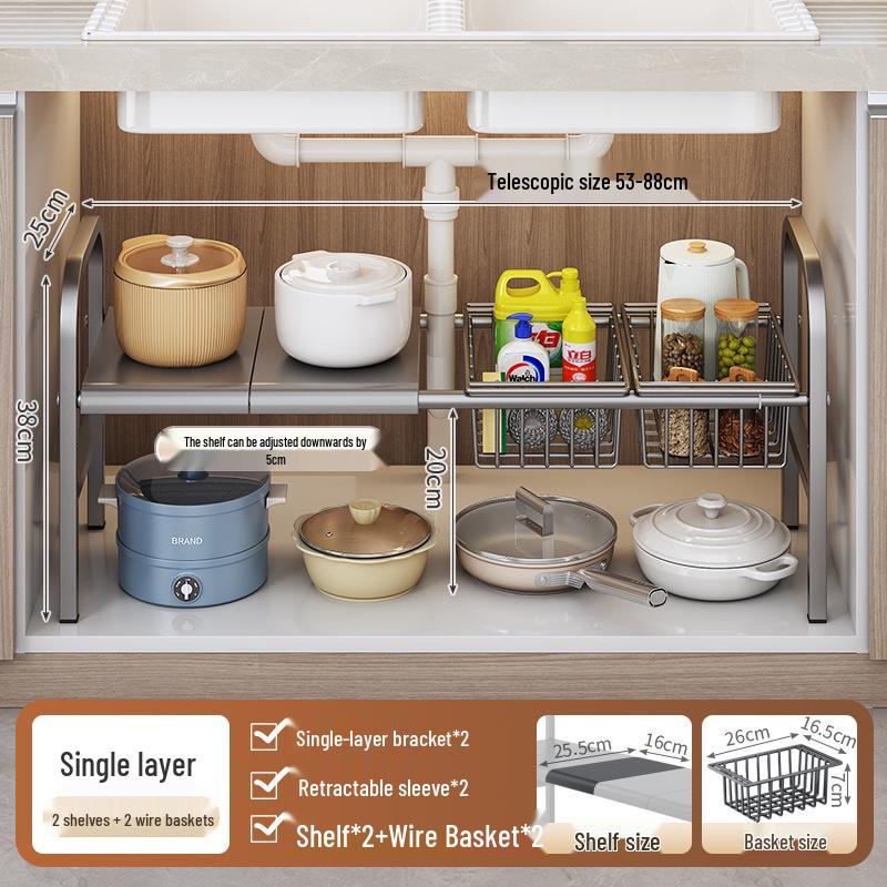 Retractable Under-Sink Tiered Shelf and Pot Storage Rack