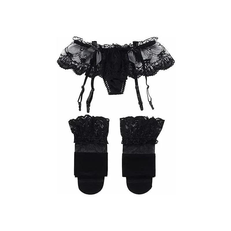 Women Lace Garter Belt And Stockings Set Jacquard Suspenders Panty Satin Bow Mini Skirt Hosiery Mesh Lingerie Pantyhose