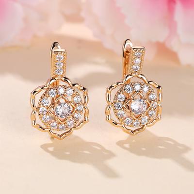 Fashion Zircon Hoop Earrings Women Gold Color Hollow Flower Drop Earrings Fine Wedding Party Jewelry