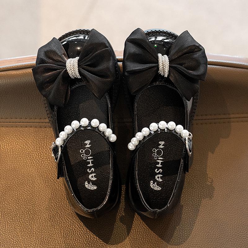 

Туфли принцессы из кожи для девочек, жемчужные, мелкие, новые детские туфли на плоской подошве, детские, с бантом, для платья, туфли Мэри Джейн для свадебной вечеринки 29 чёрный