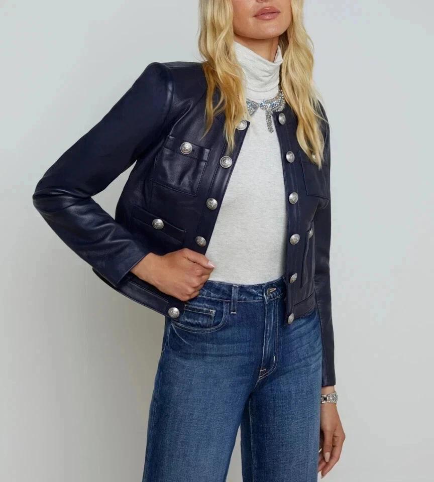 Lambskin Leather Trucker Women's Stylish Navy Blue Jacket Biker Real Motorcycle