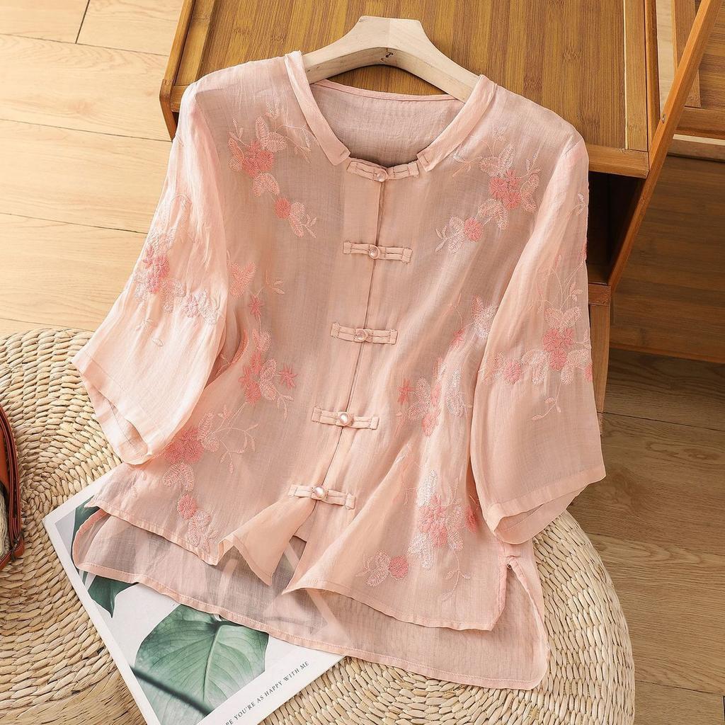 Retro Button Cotton and Linen Shirt Women's Summer New Temperament Embroidered Cotton and Linen Top Medium Sleeve Tea Clothes Shirt