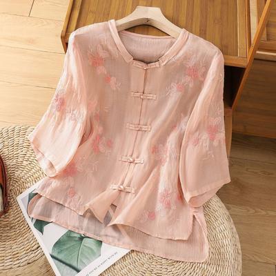 Retro Button Cotton and Linen Shirt Women's Summer New Temperament Embroidered Cotton and Linen Top Medium Sleeve Tea Clothes Shirt