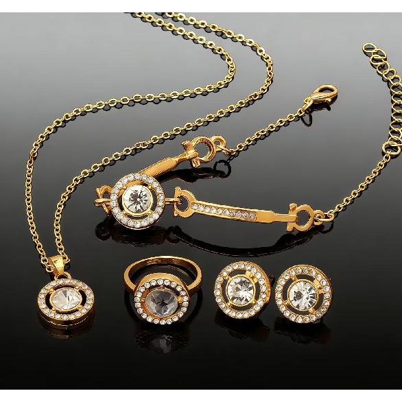 Luxury Rhinestone 4-Piece Jewelry Set, Necklace Earrings Bracelet Ring