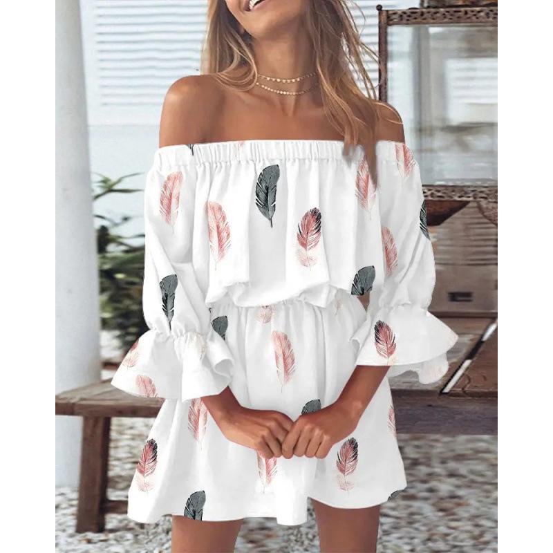 Women Floral Print Mini Dress Summer Sexy Off Shoulder Flare Sleeve Tunic Dress Female Casual Boho Beach Dress