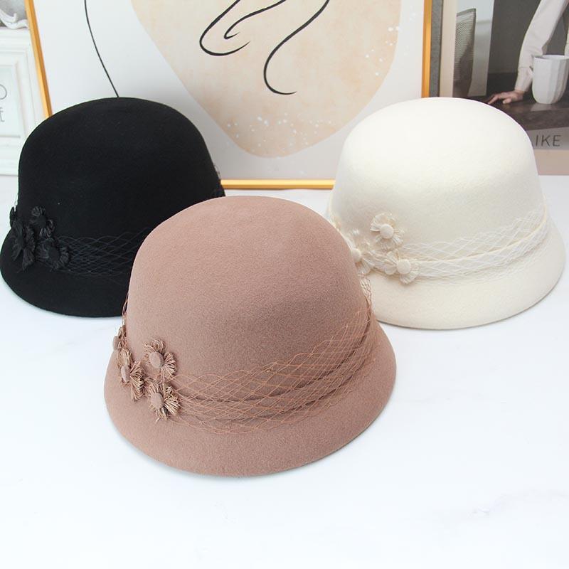 French light luxury lace flower wool pot hat female autumn and winter Hepburn style elegant retro lampshade hat temperament round top hat
