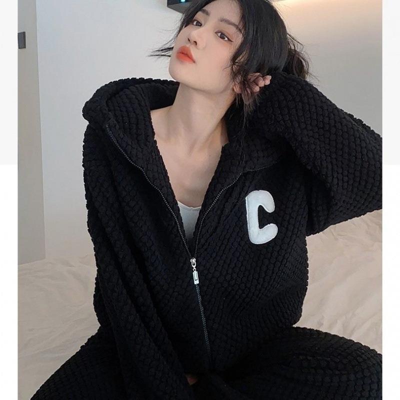 Autumn Winter Women Pyjamas Sets Hooded Thick Zipper Cardigan Warm Homewear Coral Flannel Printed Letters Soft Pijama Suit