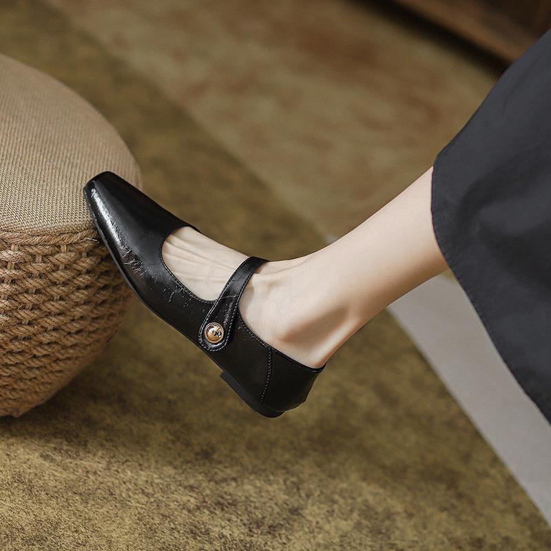 Mode Fyrkantig Tå Bruna läder mary janes skor kvinna retro ankelrem ballerinaskor låga djup mun mockasiner bekväma ballerinaskor för kvinna