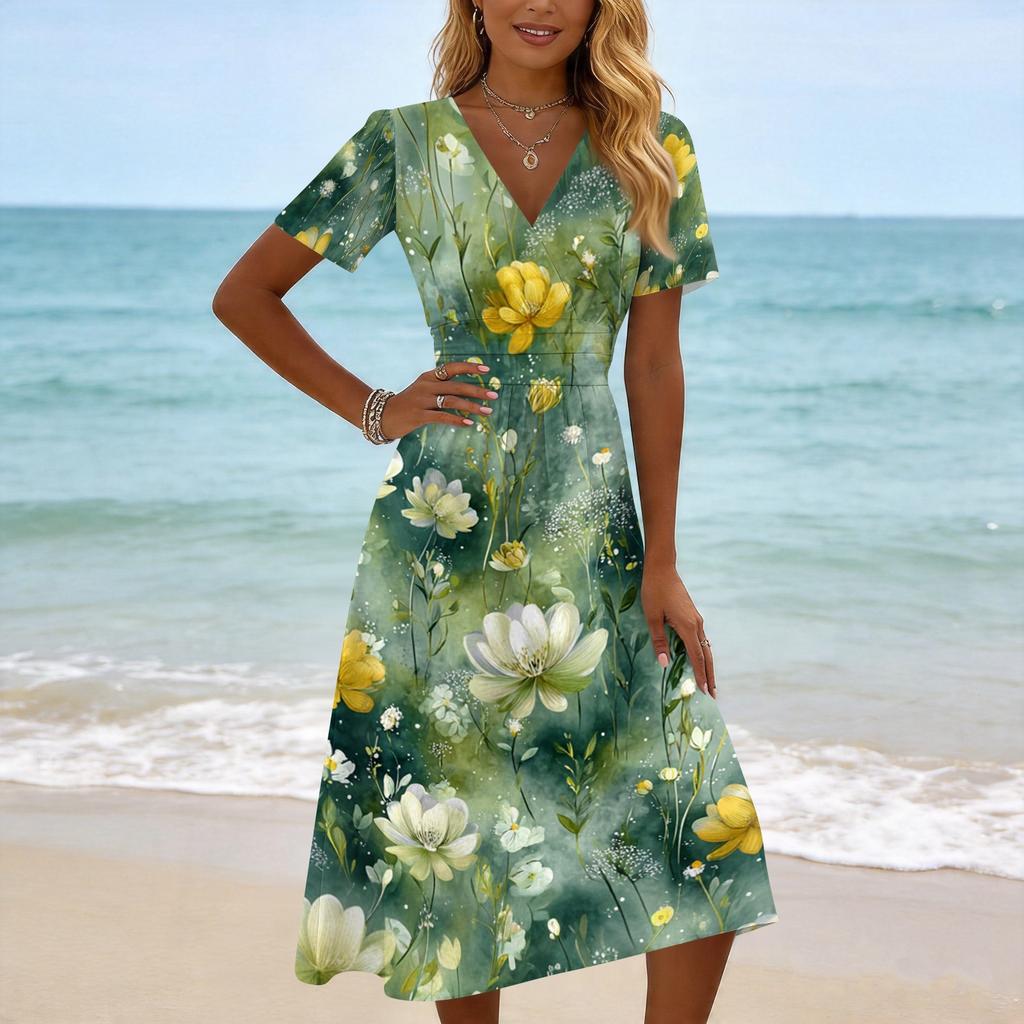 Women's Casual Fashion Floral Print Short-Sleeve V-Neck Dress