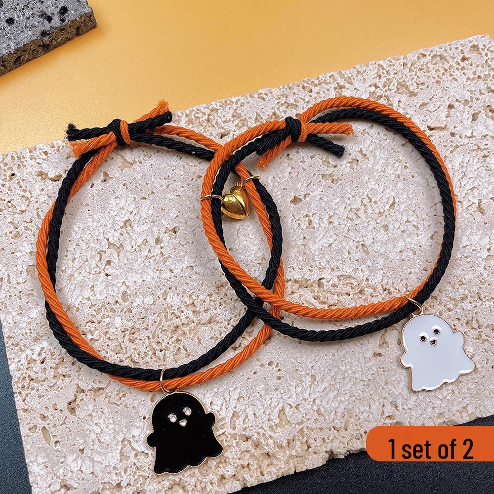 European & American Pumpkin Ghost Magnetic Couple Bracelet Set - Handmade, Adjustable, Elastic, Simple Halloween Design