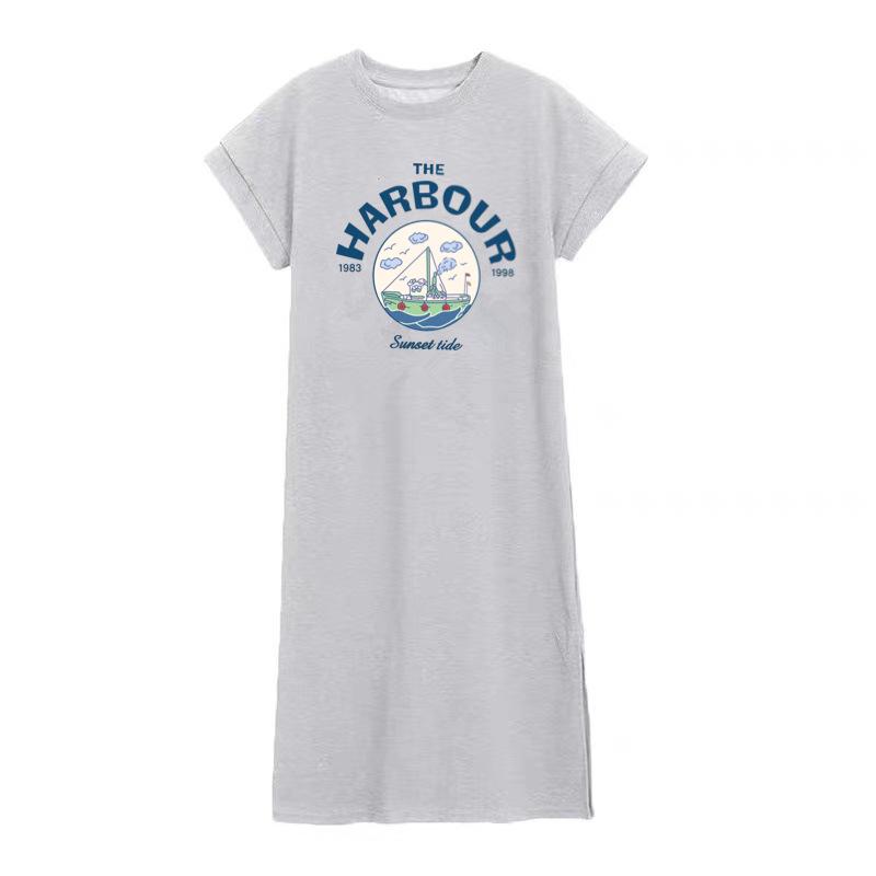 Korean summer women's large size long knee dress short sleeve T-shirt skirt women's fashion split letter print dress