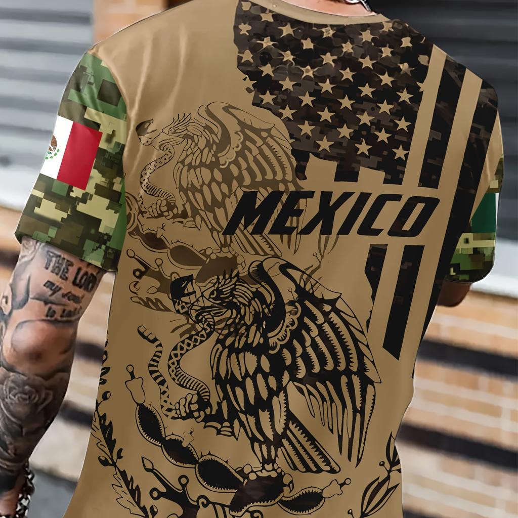 MEXICO Eagle Snake 3D Print Men's Fashion Comfy Breathable T-Shirt, New Casual Round Neck Short Sleeve Tee For Spring Summer Men's Clothing