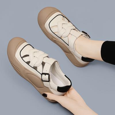 Sandalias de Cuero Genuino para Mujer Suela Suave Verano Nueva Moda Versátil Transpirables Suela Gruesa Elevada Exterior Zapatos Deportivos y Casuales