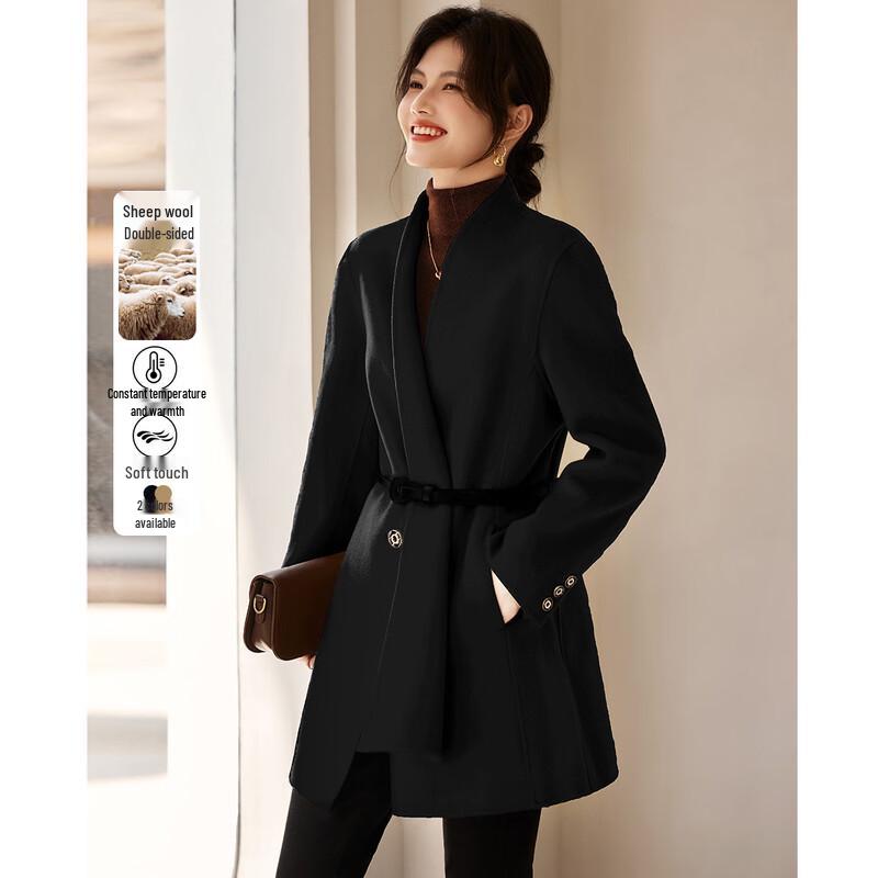 Elegant Women's Double-faced Wool Blend Belted Coat