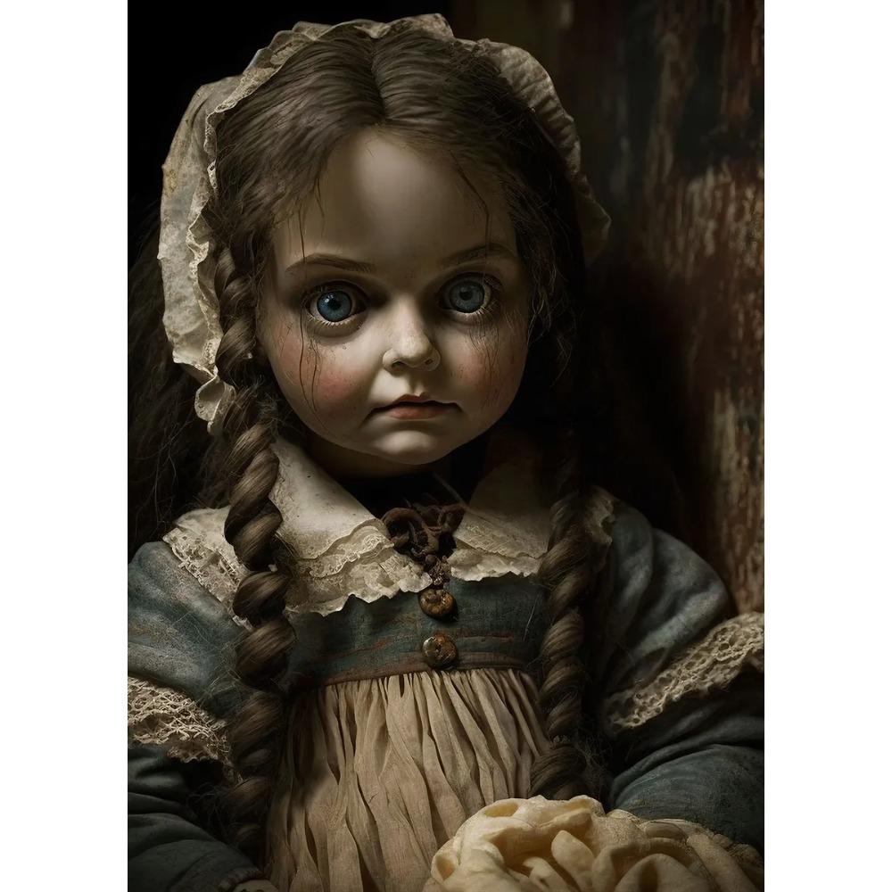Vintage Gruselige Puppe Poster Blondes Haar Rissiges Gesicht Gotische Verfluchte Puppe Drucke Leinwandbild Wandbild Heim Wohnzimmer Dekor