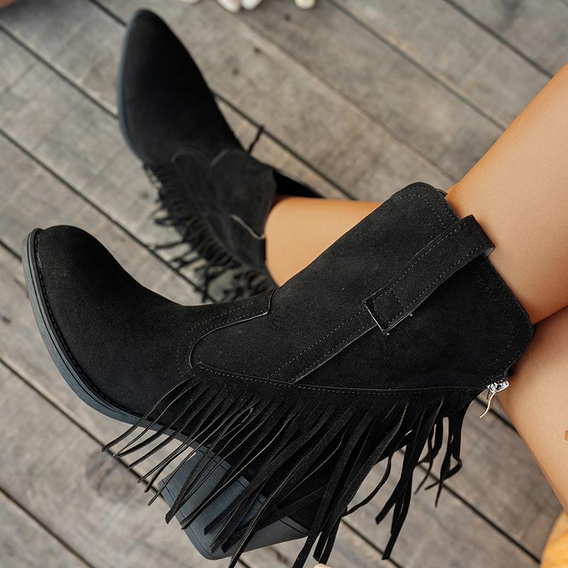 Cizme Cowboy Western Retro cu Ciucuri din Piele Suede Femei 2025 Iarnă Sexy Vârf Ascuțit Toc Înalt Cizme Glezna Botine Scurte de Designer pentru Femei