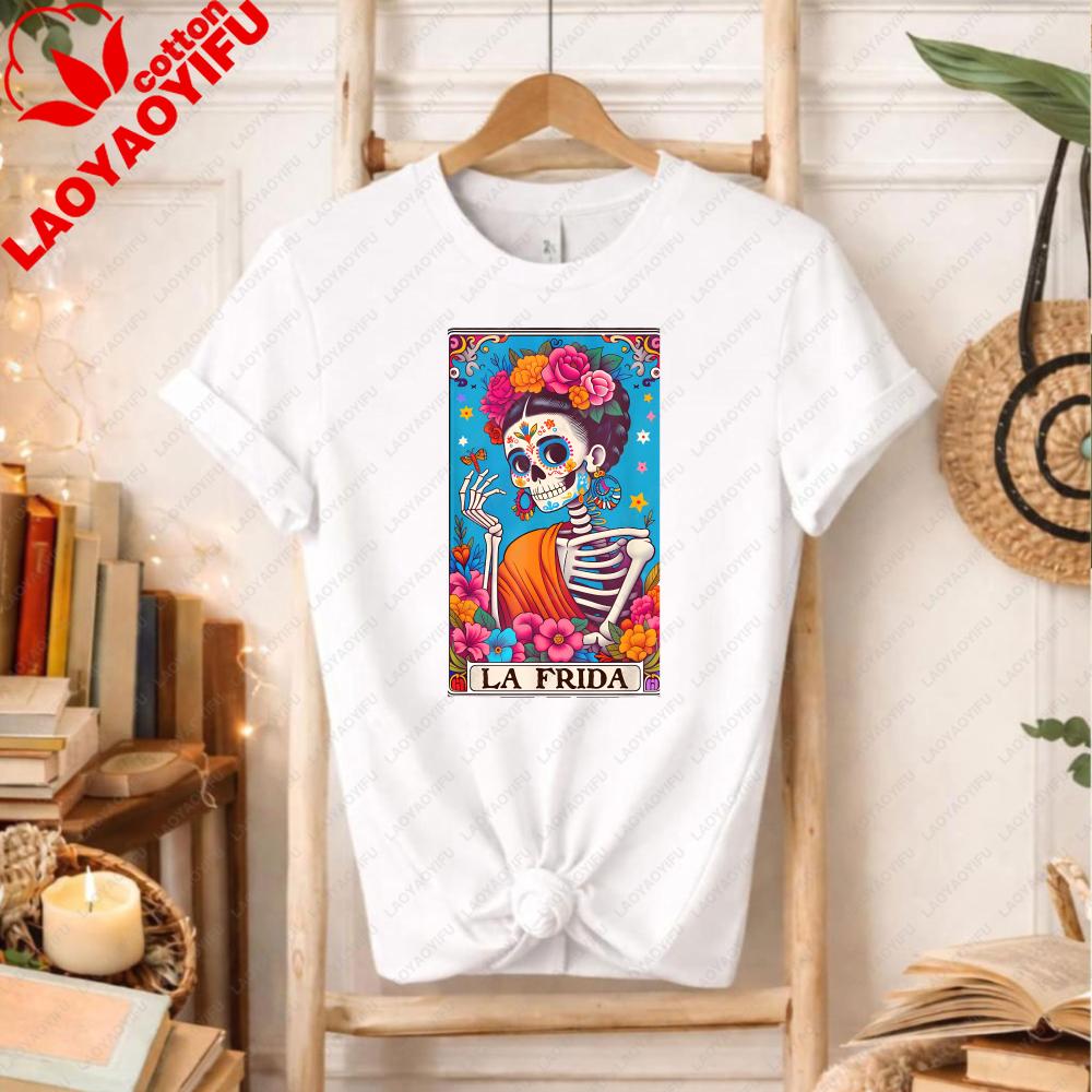 Muertos Day of The Dead Mexican Art Halloween Sugar Skull Tarot Card TShirt Frida Gift for Culture Casual Regular Short Sleeve S