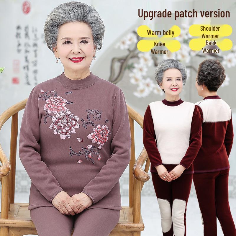 Women's Plus Size Fleece-Lined Warm Underwear Set for Middle-Aged and Elderly