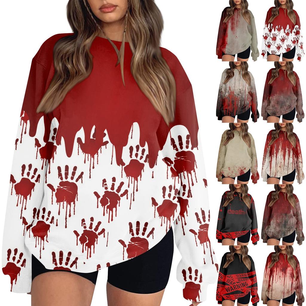 Women's Fashion Casual Long Sleeve Halloween Printed Neck Sweatshirt Top