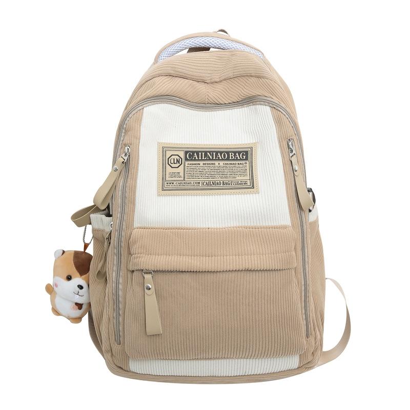 Neuer Cord-Rucksack für Studentinnen, Kontrastfarbe, lässiger Rucksack, Oberstufenschülerinnen, Mittelschülerinnen, großes Fassungsvermögen, Schultasche beige