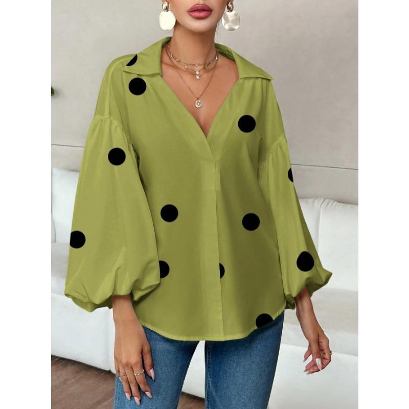 Elegante Blusa da Donna a Pois Larga con Scollo Semiaperto Top Casual a Maniche Lunghe Scollo a V Primavera Autunno Stampata Dolci Camicie Semplici da Ufficio per Signore