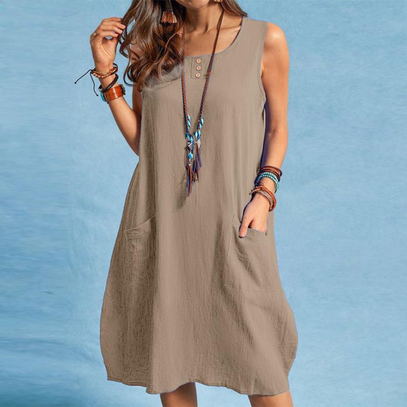 QICED Fashion Summer Spring Solid Color Print Sleeveless O-Neck Casual Dresses