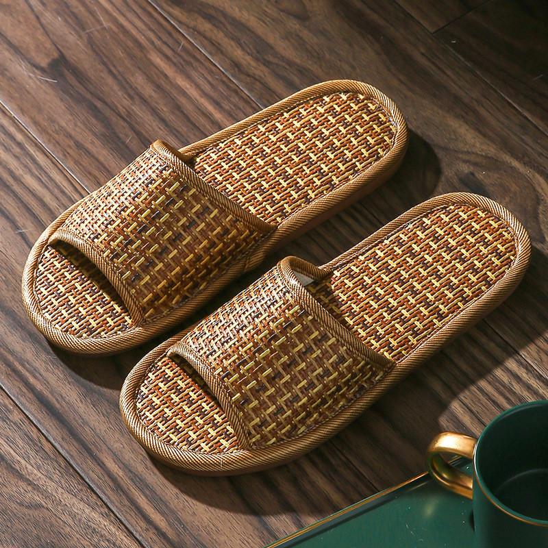 Hausschuhe aus Rattan für Damen, rutschfest, für drinnen, für Paare, Haushalt, ein Mann und eine Frau, Frühlings- und Sommersandalen aus Bambus
