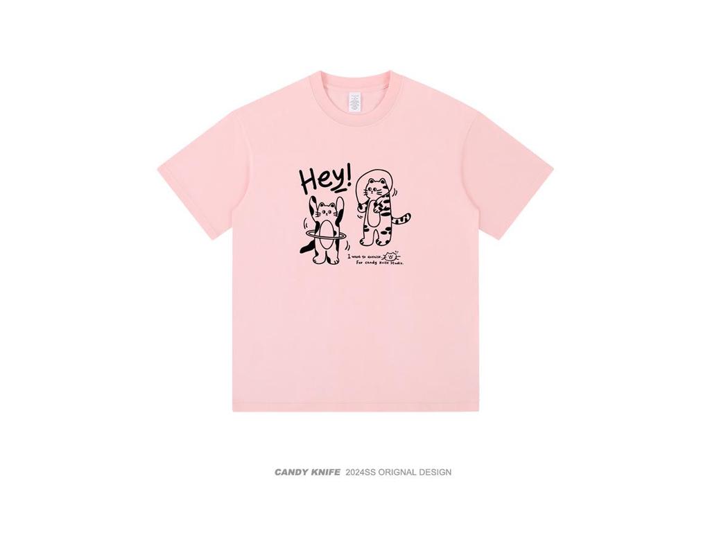 Unisex Summer Trend Cat Print Cotton Tee, Drop Shoulder, Loose Fit