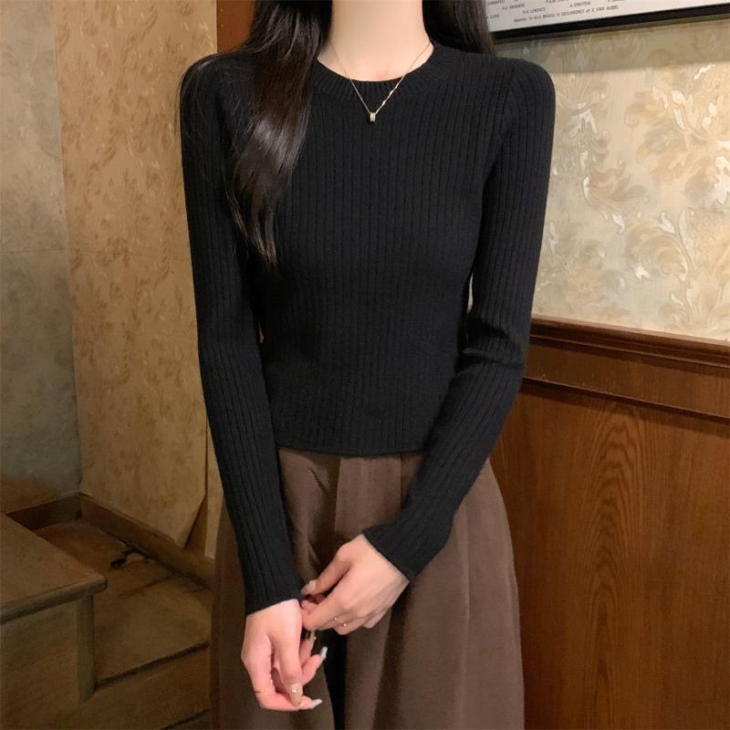 Simple wind pullover crew neck knitted bottoming shirt women's spring short pit strip inner sweater temperament bottoming shirt