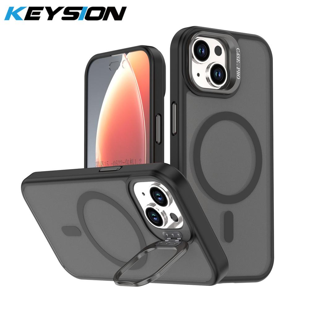 KEYSION Lens Stand Magnetic Phone Case for MagSafe for iPhone 13 14 15 Pro Max 15 Plus Matte Translucent Shockproof Back Cover