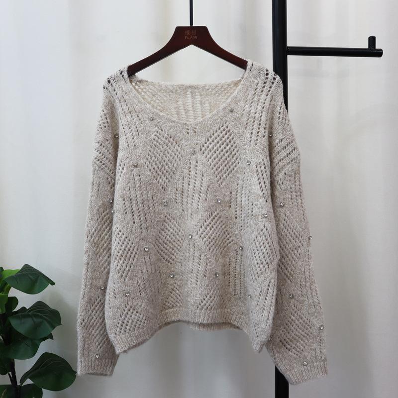 Heavy Industry Nail Drill Design Sense Knitted Sweater Top Autumn New Loose Hollow Sweater Pullover Women