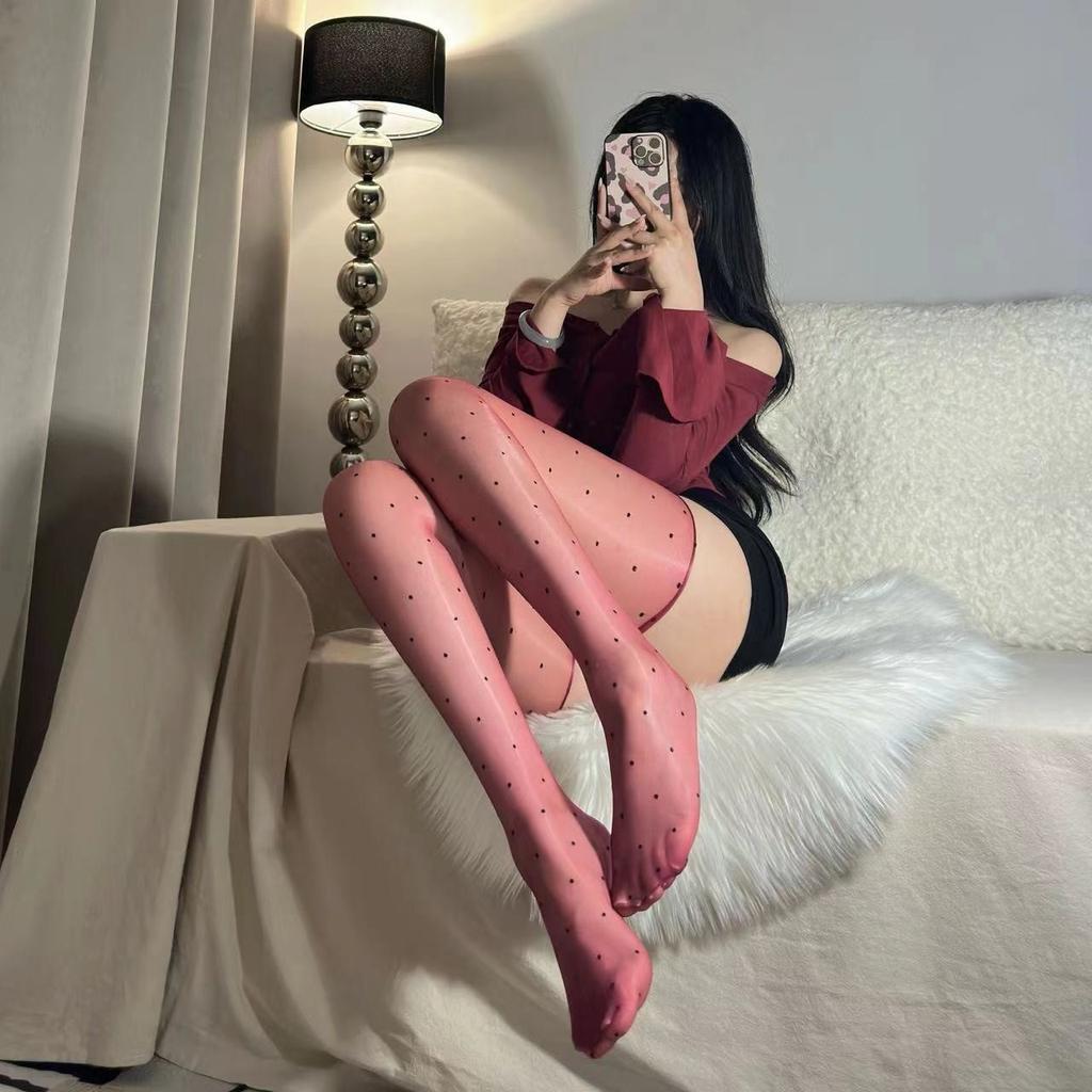 Oily Bright Dots Seamless Stockings For Women Sexy Ultra Slim Over The Knee Black Silk Long Tube Hold-Ups Aurora Stockings