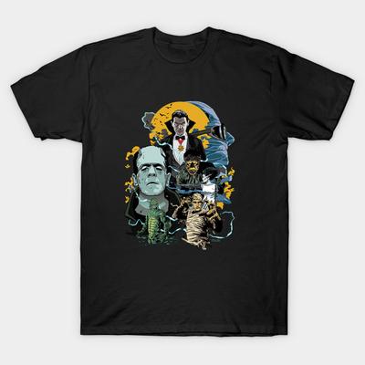 Men Black Print T-shirt Universal Monsters No-Cut Transfer Paper Print Cotton Tshirt - Men's Summer Cotton Graphic Tee