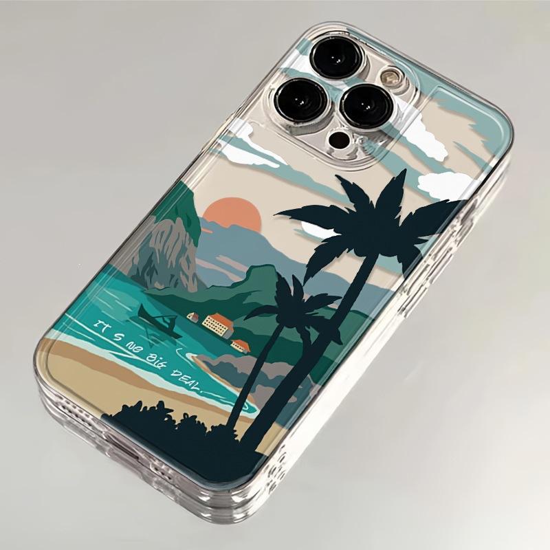 Sunset Coconut Tree Is Suitable for Apple 16pro Mobile Phone Case 15pro Transparent Case 13/12 All-inclusive Soft 11pro Set 14.