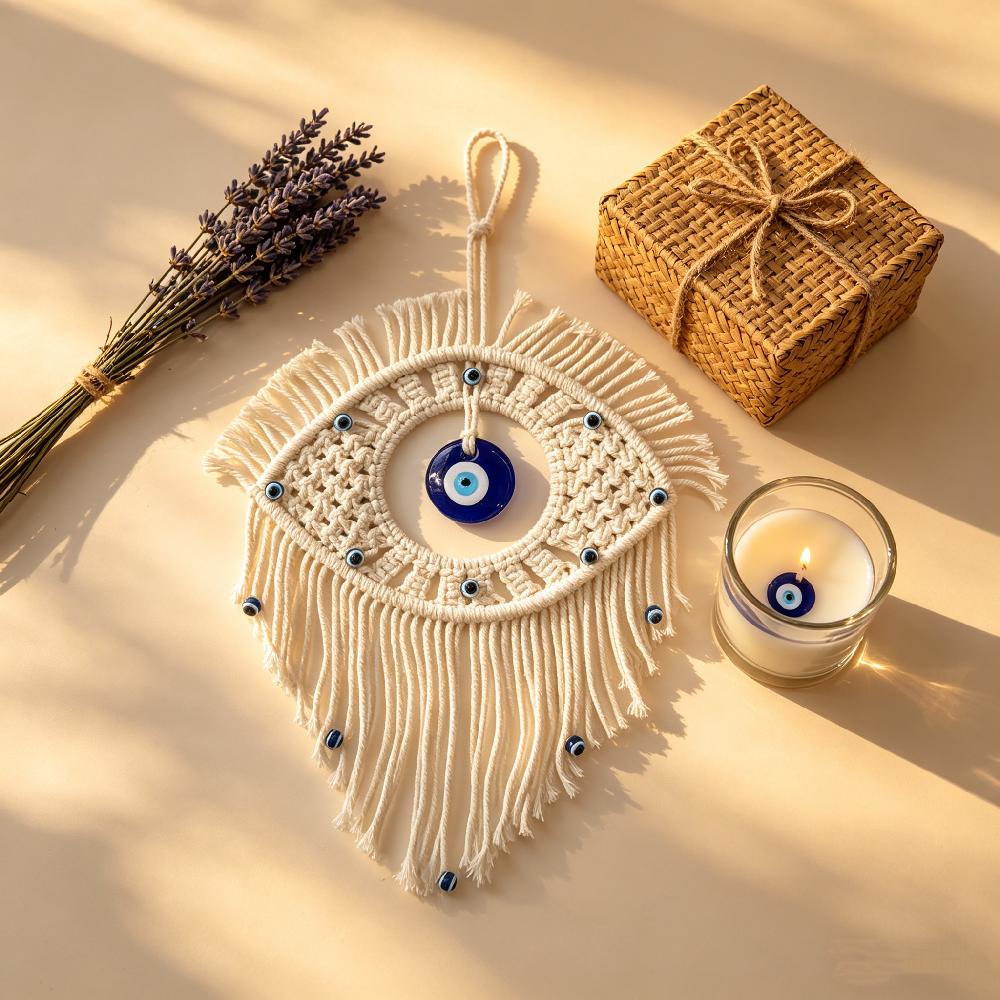 Evil Eye Macramé Wall Hanging - Handmade Boho Tapestry - 33x28cm - Lucky Amulet For Home & Bedroom