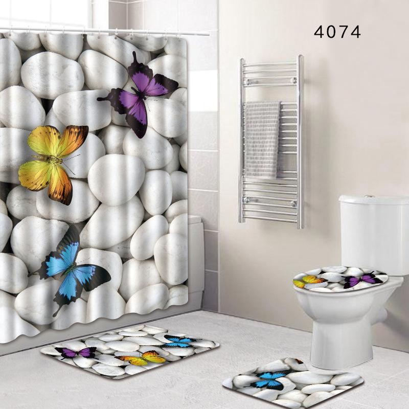 Shower Curtain Floor Mat Toilet Cover Foot Mat Door Mat Carpet Four-Piece Pattern