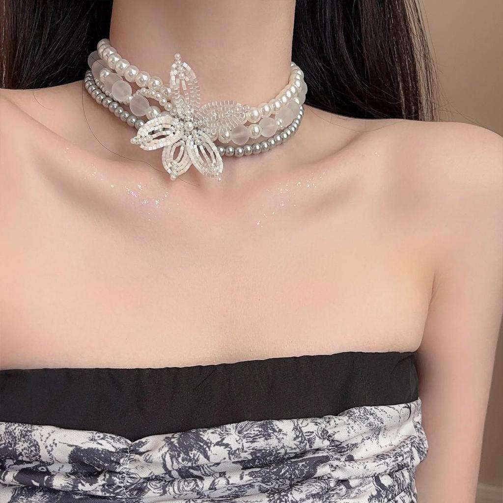 Vintage French Beaded Flower Necklace: Luxurious Multi-Layer Stackable Clavicle Chain for Women