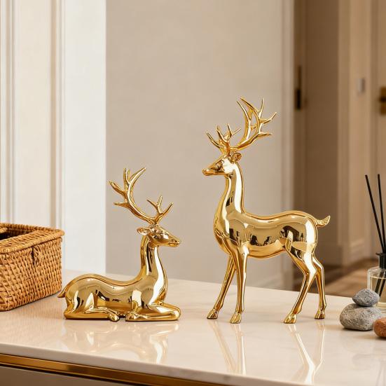 Yousheng 1 Pair Christmas Electroplating Golden Reindeer Statue Standing Sitting Elk Figurine Deer Sculpture Home Office Desktop Decoration Ornament