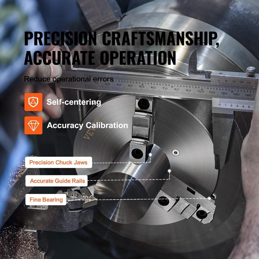 3-Jaw Lathe Chuck, 10'', Self-Centering Lathe Chuck, 0.24-9.84 in/6-250 mm Clamping Range with T-key Fixing Screws Hexagon Wrench, for Lathe 3D