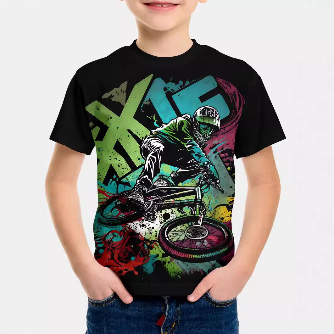 

Summer Round Neck 3D Cool Motorcycle Printed Top Fashionable Casual Short Sleeved Children s Boy T-shirts 170