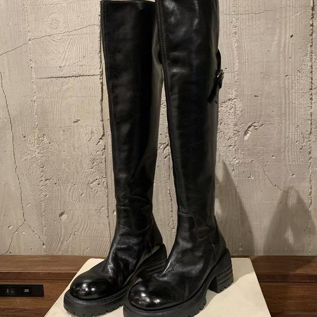 Grape Mom Studiolee Legs Fine Girl~ Washed Horse Skin Round Head Skinny Thick Bottom Thick Heel Over Knee Boots Women