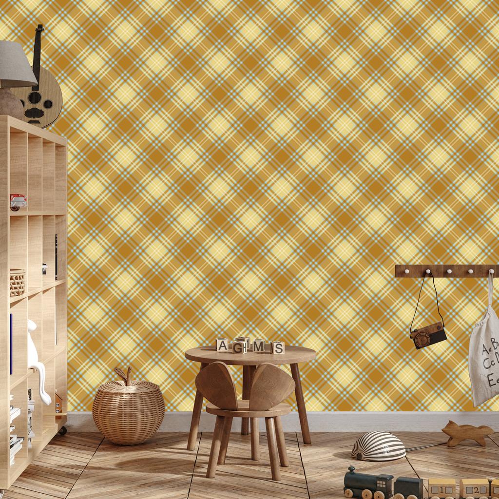 Wallpaper Yellow and blue checkered gold, yellow and beige 50x1000