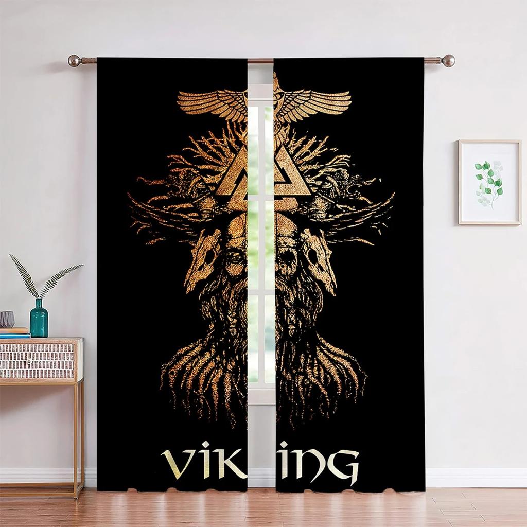Retro Pattern Curtains Personalized Luxury Rune Shield 3D Printing Curtain Rod Pocket Decorative Curtains Bedroom Living Room