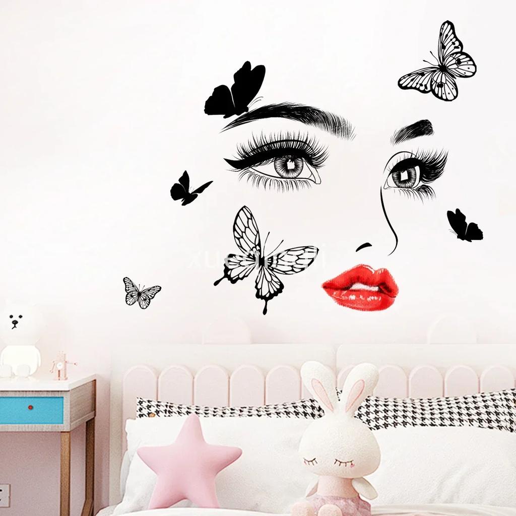 Beauty Female Face Wall Sticker Decal Beauty Studio Wallpaper Cosmetic Makeup Wall Art Sticker Mural Removable Salon Decoration